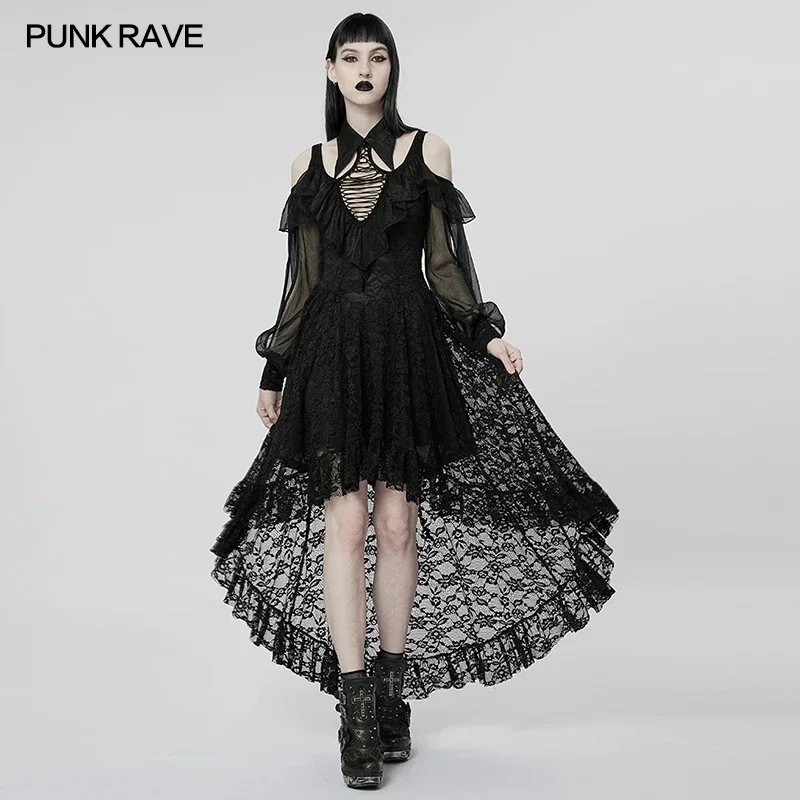 

PUNK RAVE Women's Gothic Irregular Hem Lace Slim Fit Dress Sexy Off-the-shoulder Slit Sleeves Light and Flow Black Long Dresses