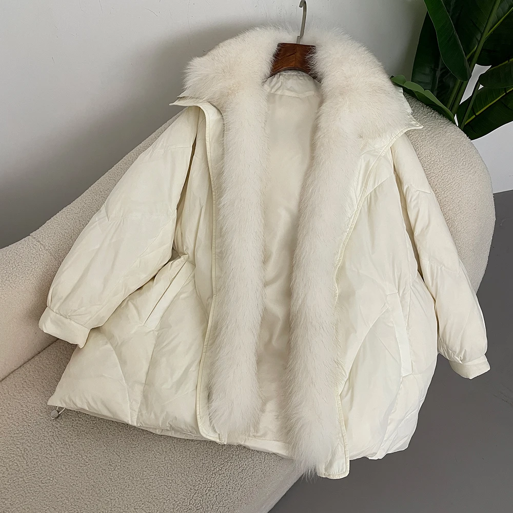 Real Natural Fox Fur Puffer Coat 2024 Winter Women White Goose Down Jacket Loose Warm Puffer Coat Female Thick Mid-Long Parkas