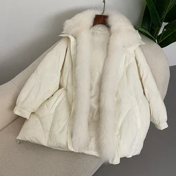 Real Natural Fox Fur Puffer Coat 2024 Winter Women White Goose Down Jacket Loose Warm Puffer Coat Female Thick Mid-Long Parkas