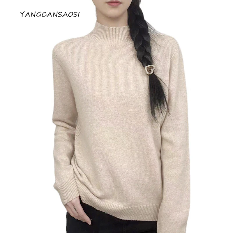

Women's Autumn Fashion Clothing 100% Wool Seamless Semi High Collar Pullover with Drawstring Loose and Thick Knit Base Sweater
