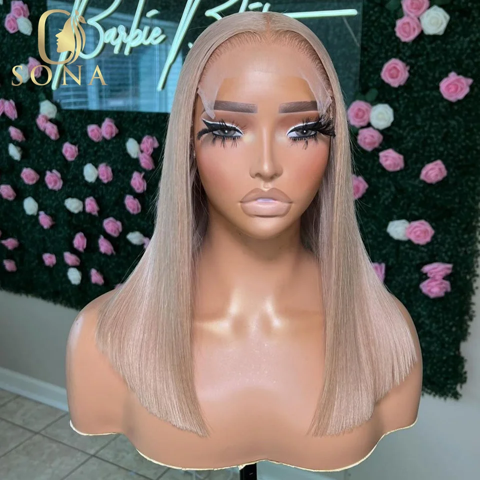 613 Ash Blonde Straight Bob Human Hair Wig Khaki Color Honey Blonde 13x4 Transparent Lace Frontal Wigs For Women Preplucked