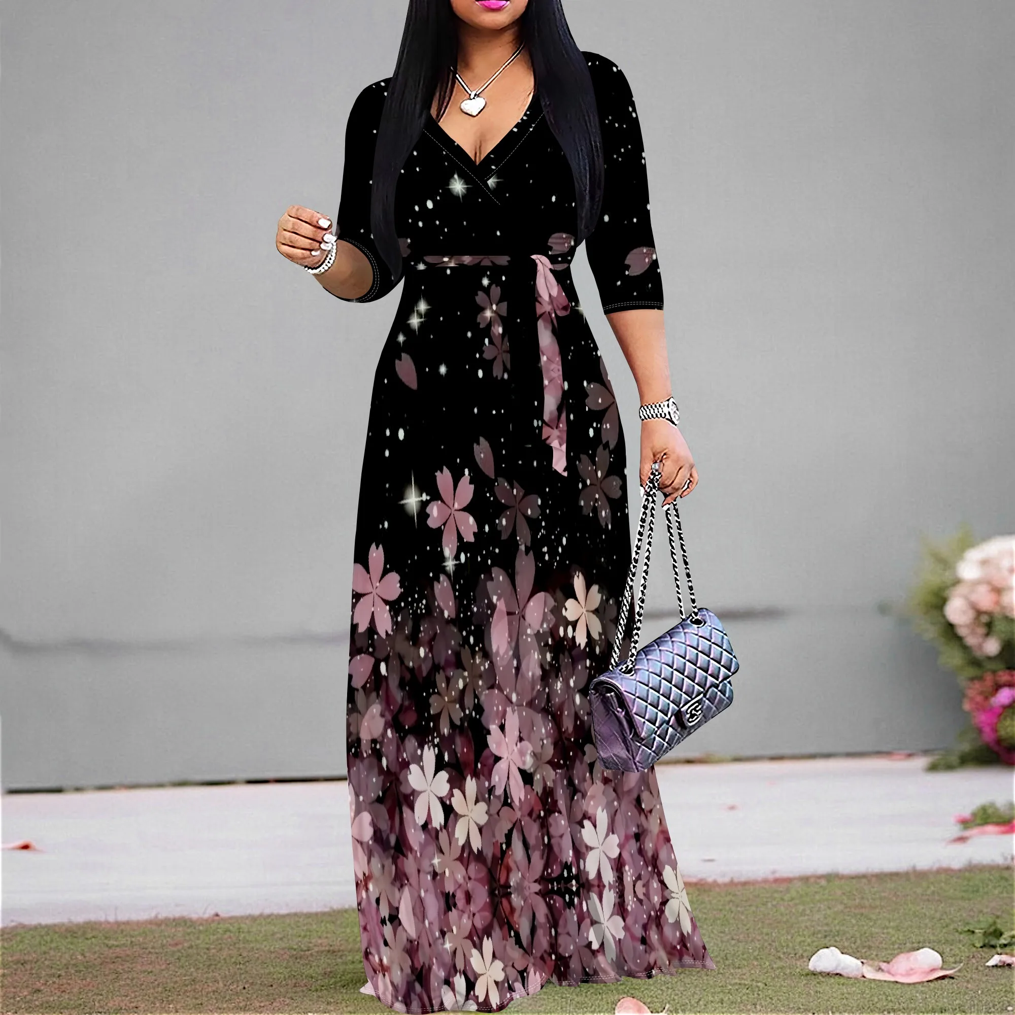 

Cherry Blossom Print Maxi Dress S-3XL V-Neck Wrap Style with Belt & 3/4 Sleeves for Spring Date, Holiday or Romantic Dinner Look