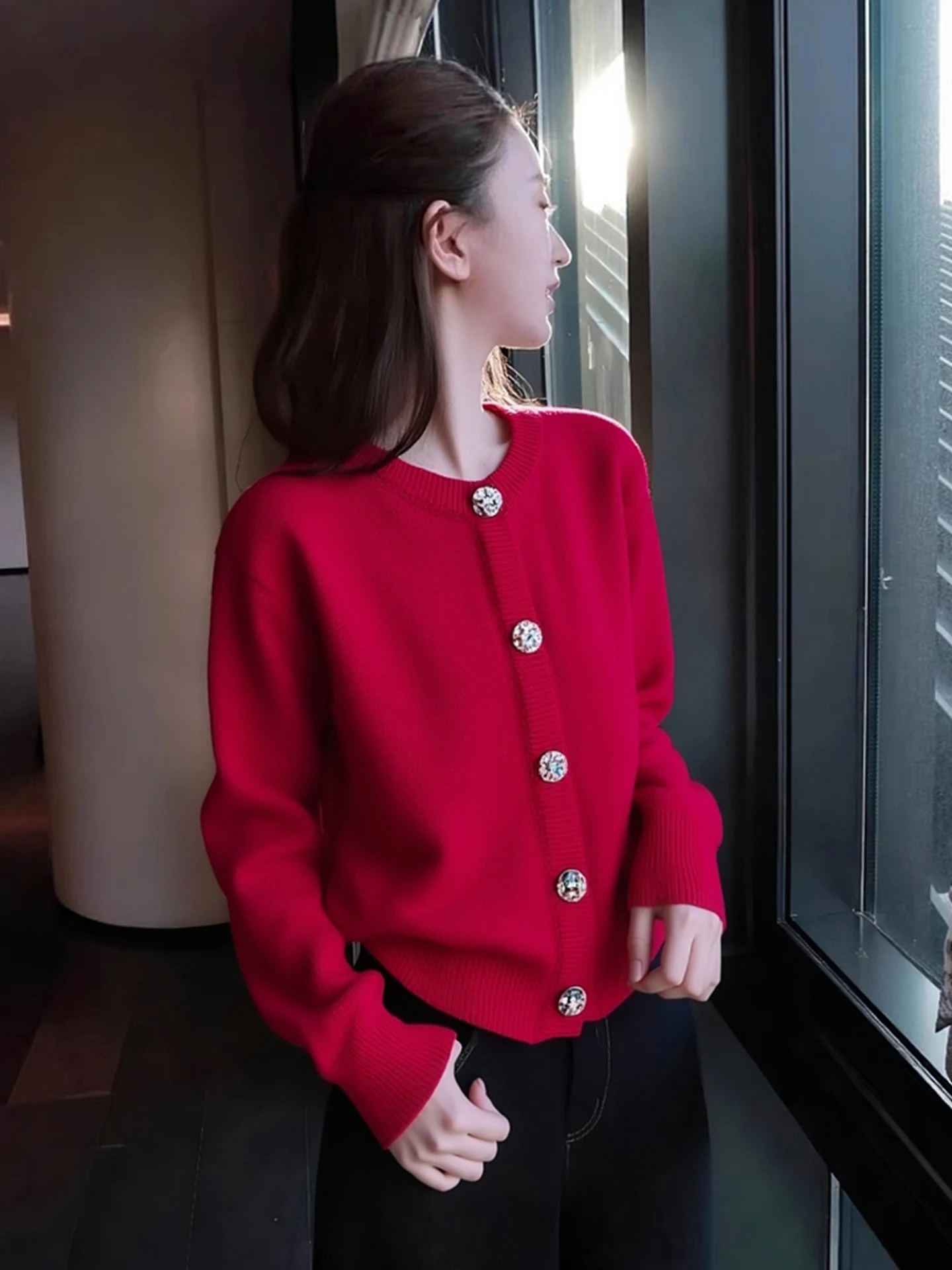 

Red Knitted Long Sve round Ne Open Cardigan Women's Sle Agel Single Button Coat Autumn Winter Faion Ele Lady'...