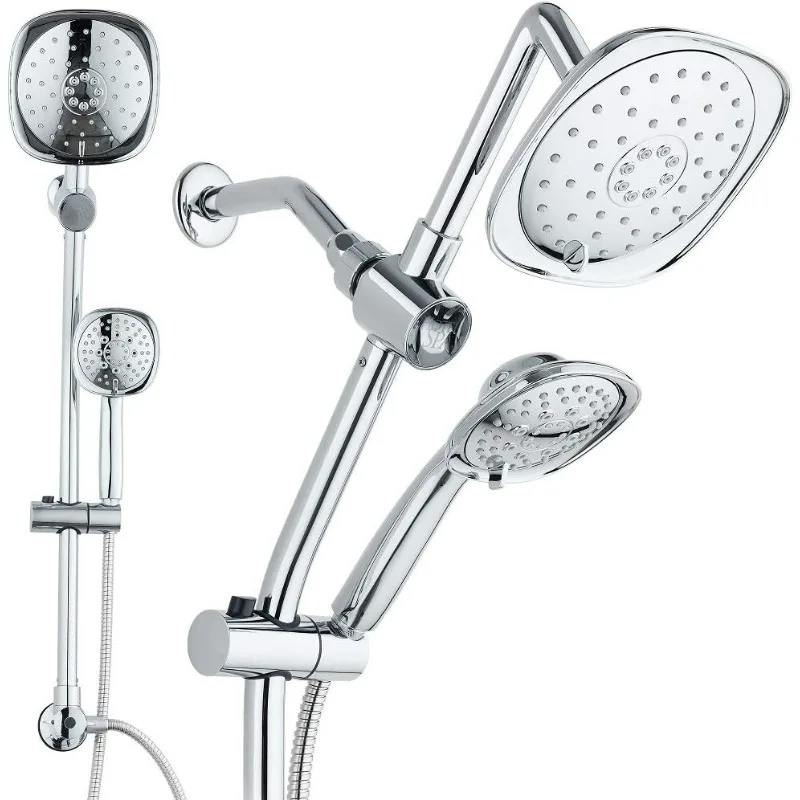 7-Inch Rainfall Combo with Slide Bar, 48-Setting Shower Heads, 5 Foot Stainless Steel Hose, Chrome Finish