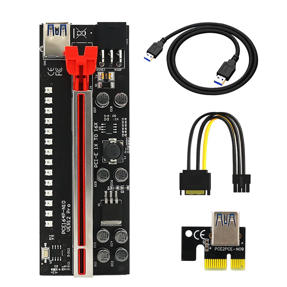 

1 set Ver12 Pro PCIE 1x to 16x 3528LED Rainbow Light Mining GPU Extension Cable Pcie Riser Solid Capacitors Gold USB 3.0 Ports