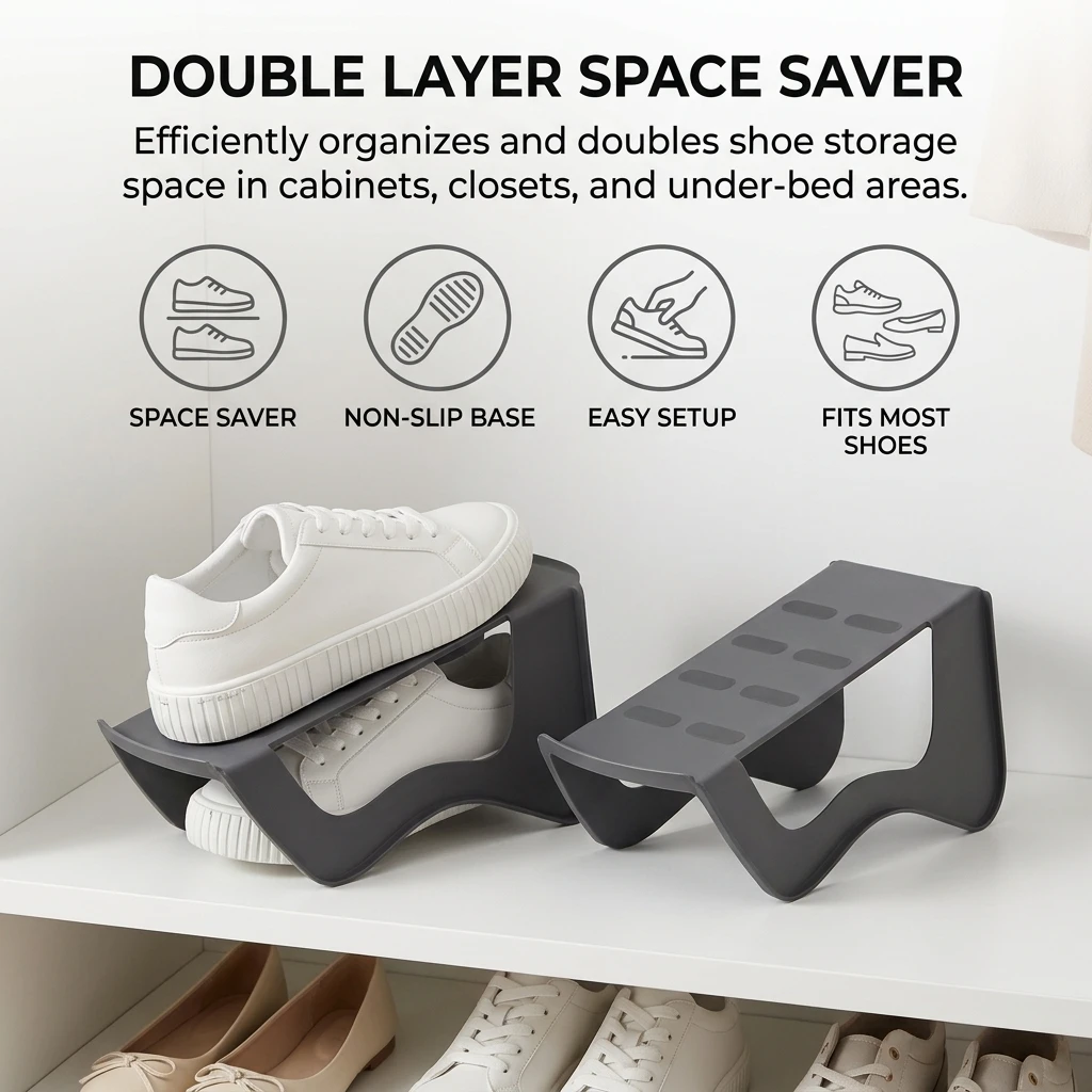 Closet Organizer Shoe Rack Space Saving Double Layer Plastic Footwear Holder for Home Entryway Wardrobe Storage Durable