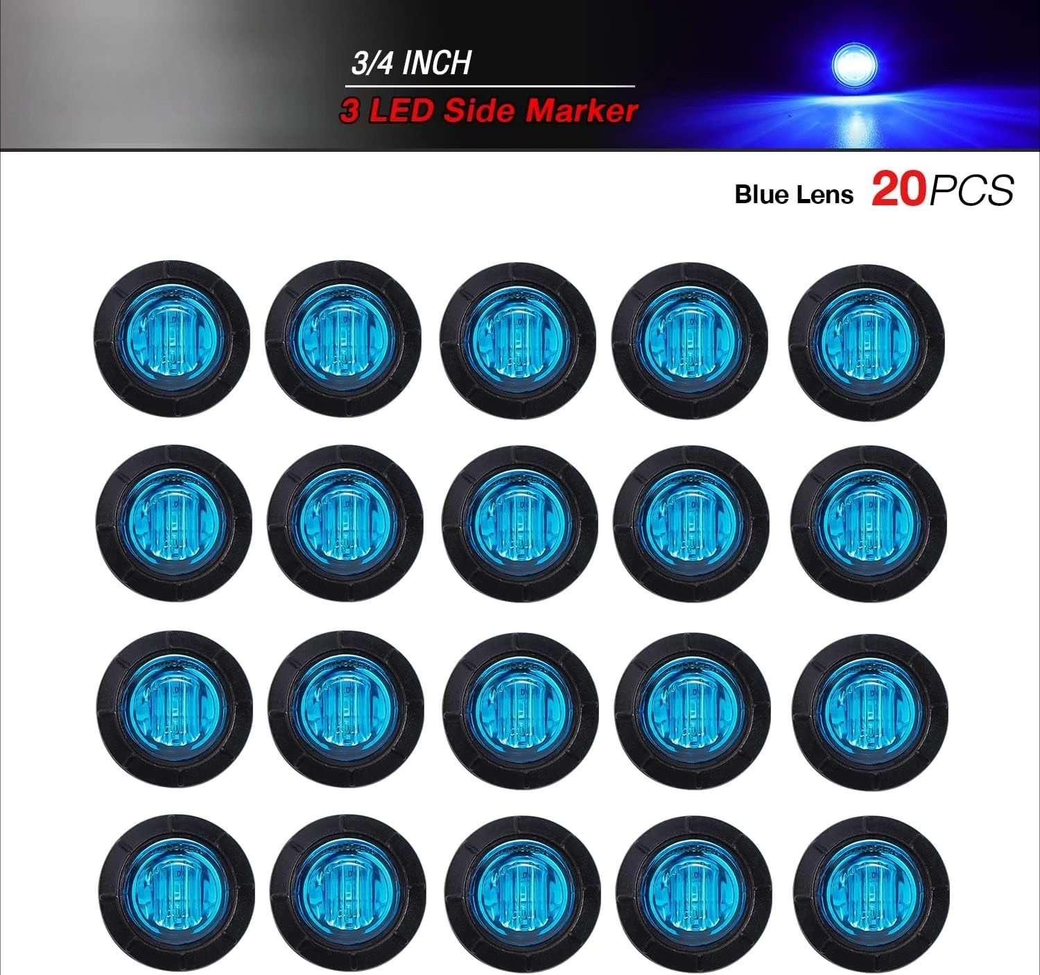 Pack of 20 3/4 Inch Round Blue LED Side Indicator Lights with Grommets for Truck Trailer Pickup Lorry 12V DC Surface Mount 3led