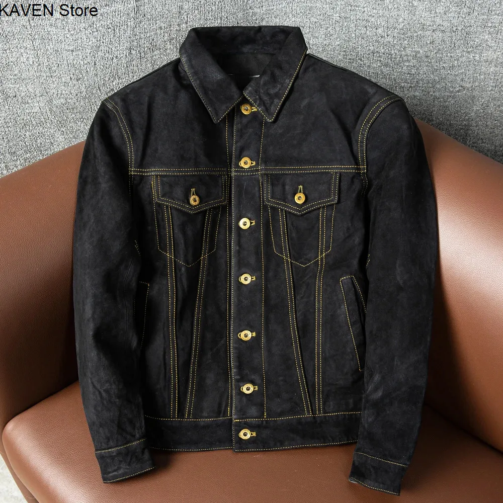 Leather Fit ort Slim Jaet Men's Denim Faux Suede Two Layer eepskin Genuine Trendy Autumn Winter 2026ss new Premium quality