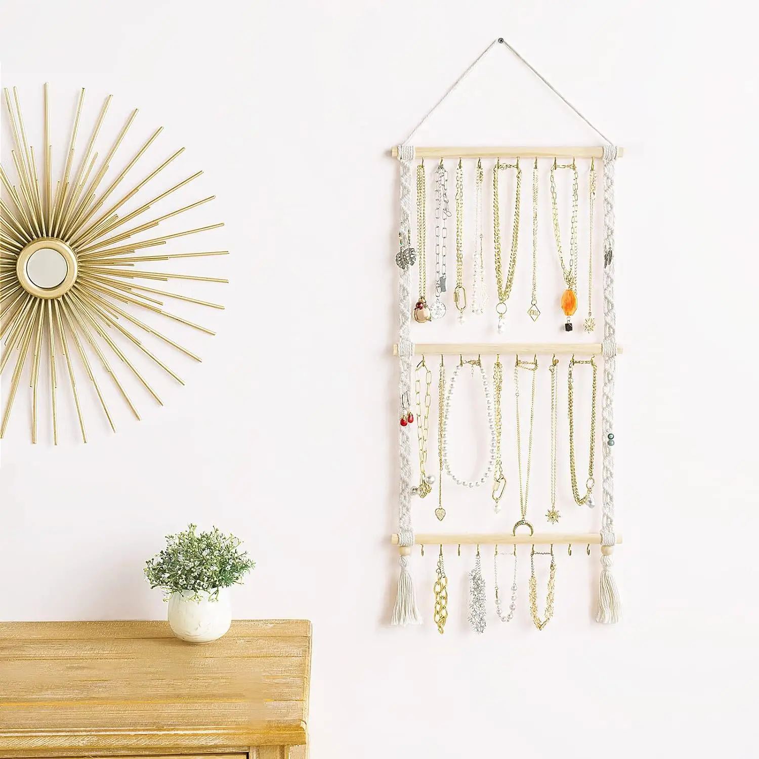 Hanging Jewelry Organizer Boho Macrame Necklace Hanger Wall Hanging with 30 Hooks Door Hanging Jewelry Holder Necklaces Display
