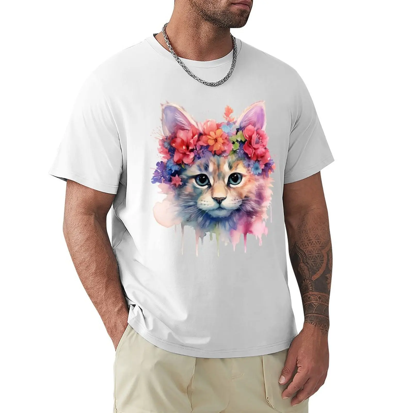 kit watercolor kitten flowers T-shirt plus size tops boys whites heavyweight t shirts for men