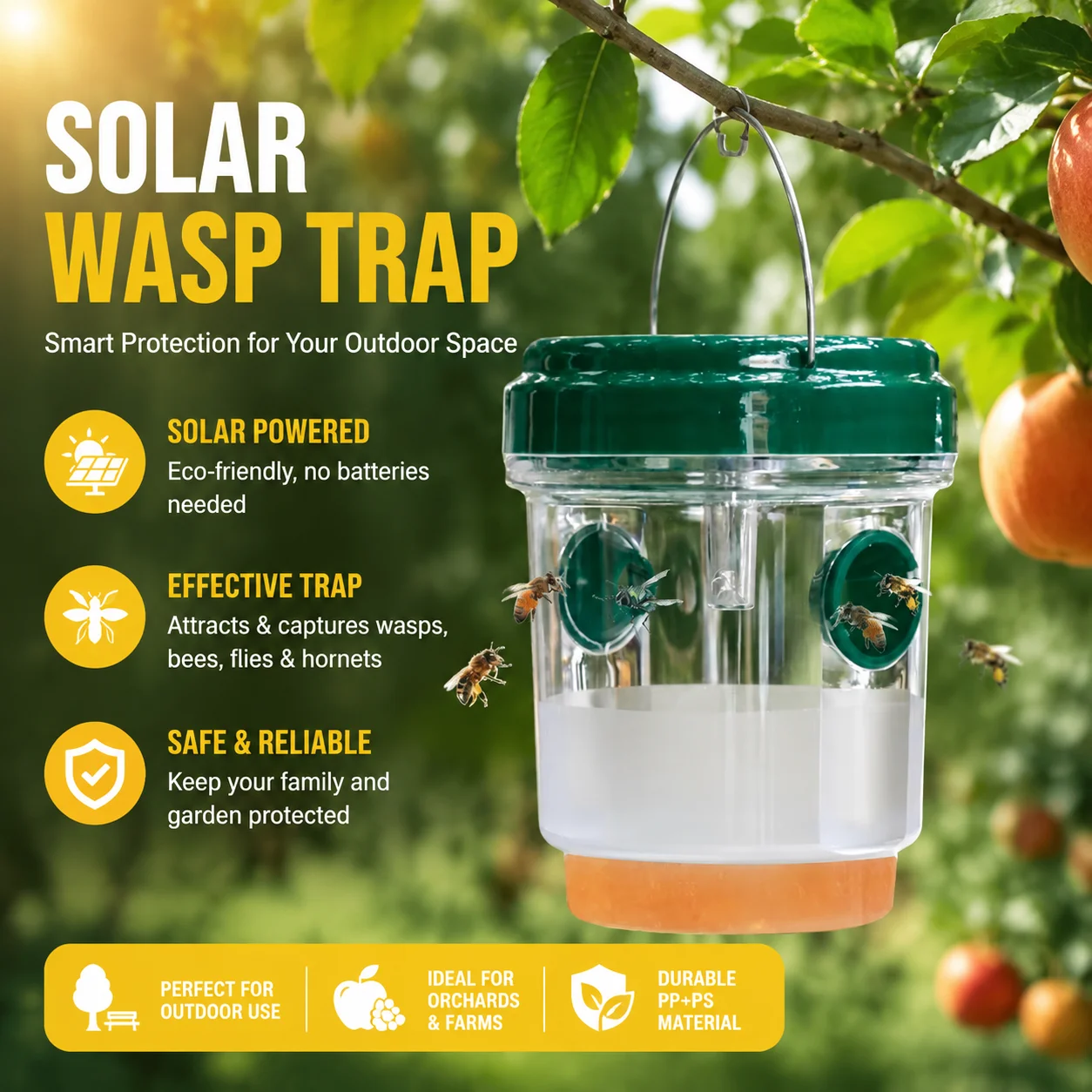 Solar Powered Wasp Trap Hanging Bee Catcher for Outdoor Garden Orchard Farm, Effective Fly Fruit Hornet Trap, PP+PS,