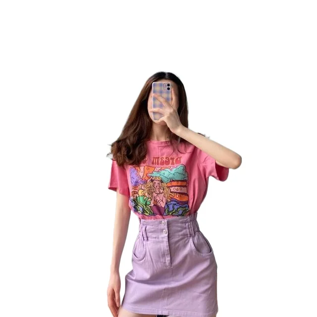 

Студенческий комплект из двух предметов в корейском стиле с шикарным принтом и короткими рукавами, французская фея, футболка с круглым вырезом + фиолетовая юбка, комплект для девочек