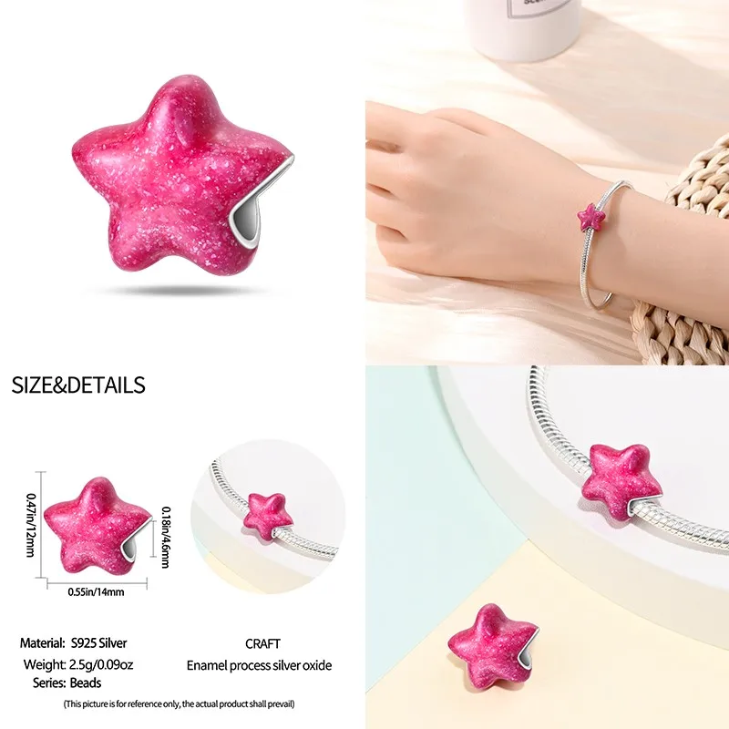 100% 925 Silver Hot Sale Pink Series Stars & High Heels Charms Fit 925 Original Bracelets DIY Jewelry Making For Women Gift view 2