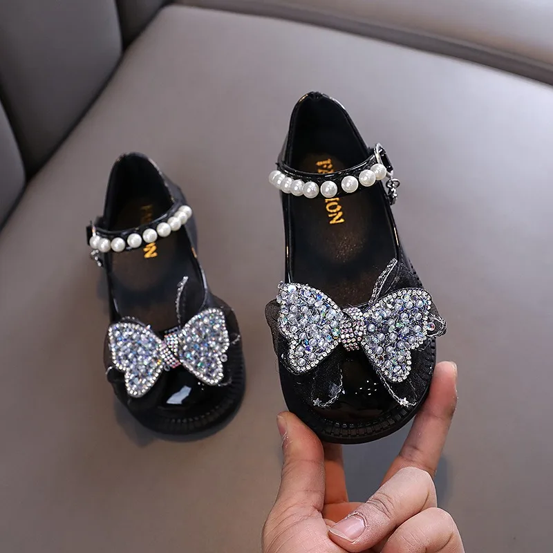 

Kids Pearl Rhinestone Square-toe Flats Casual PU Leather Shoes Children Performance Princess Shoes Girls Casual Princess Shoes