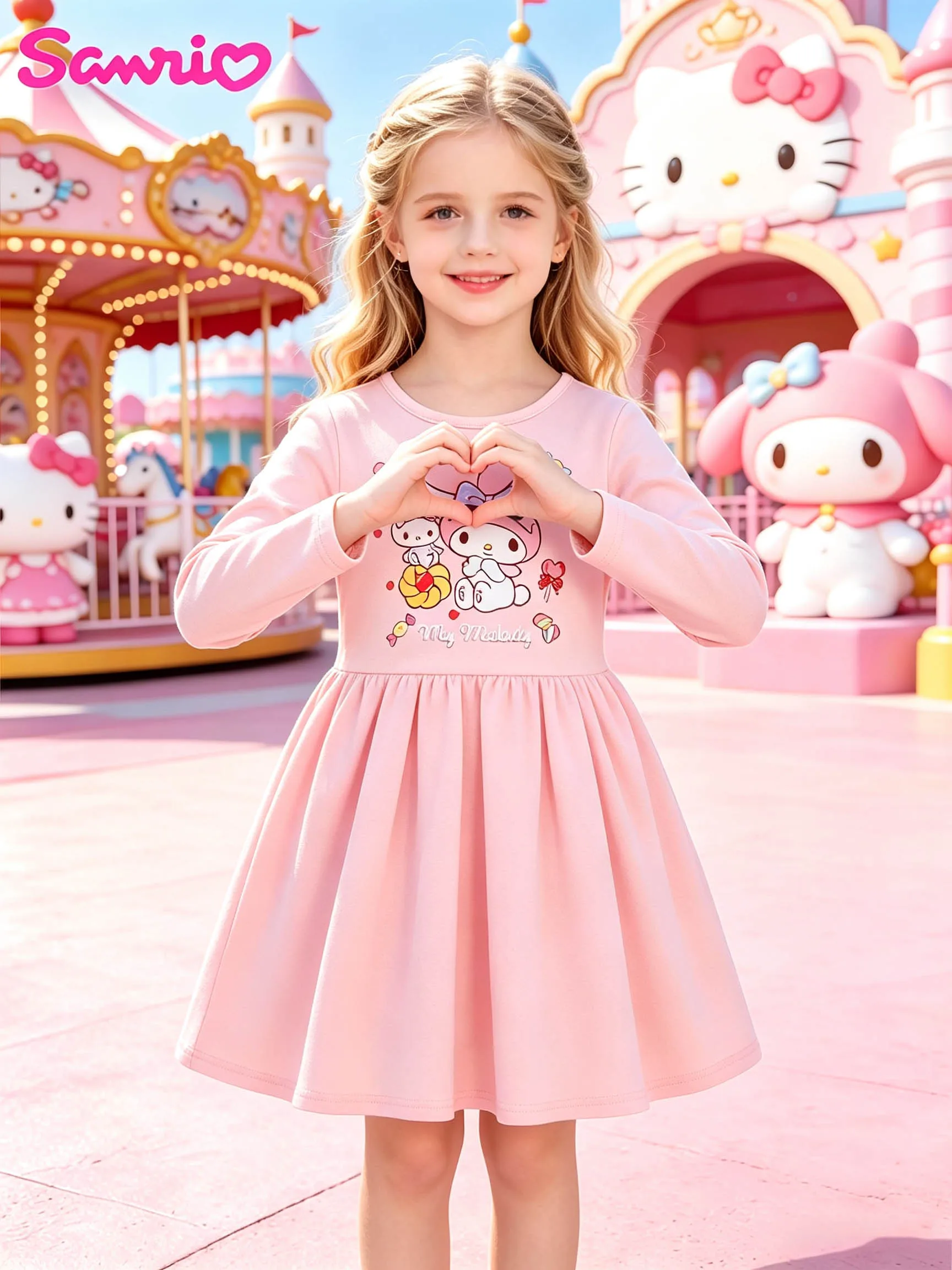 Peach Pink My Melody Girls' Autumn Dress, Candy Print Long-Sleeve Pure Cotton Daily Dress