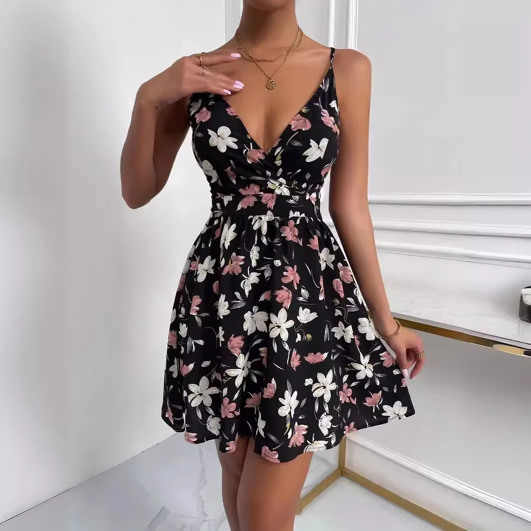 2025 Moda profondo scollo a V stampato floreale cinturino abito estivo per il tempo libero vacanza stile abito corto gonna temperamento per le donne