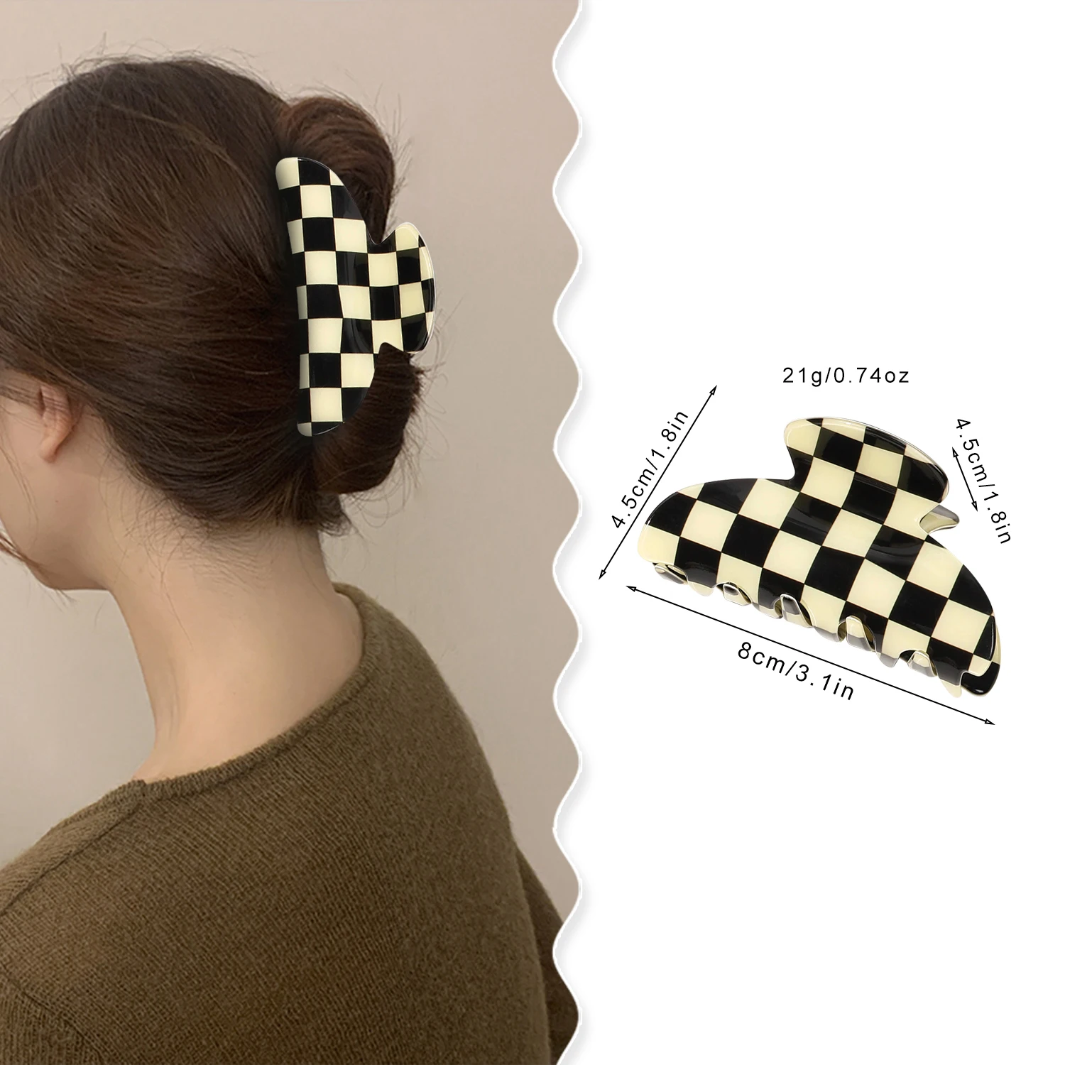 1Pcs Checkerboard Grid Hair Clips, Back of The Head Plate Hair Grab Clip Ponytail Shark Clip Suitable for Thin Thick Hair