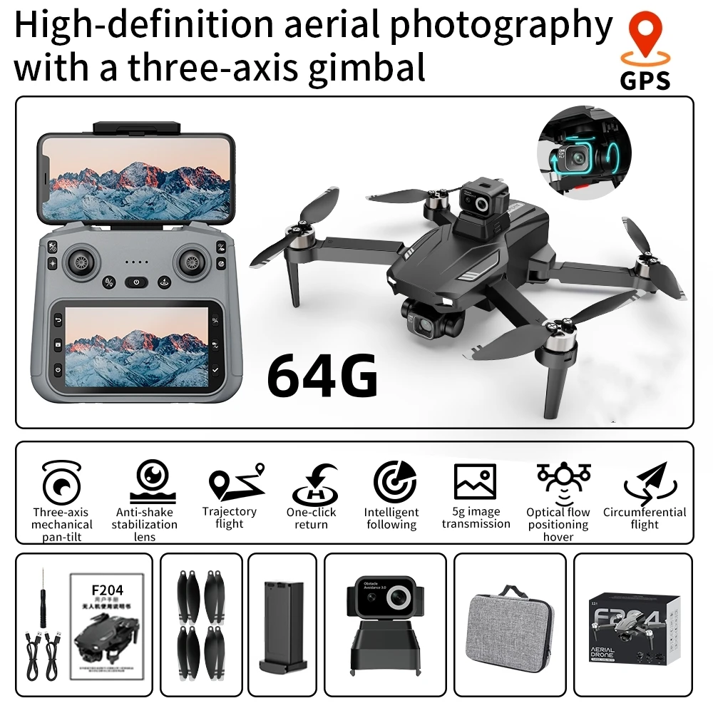 F204 PRO GPS Drone  HD Dual Camera  360 Obstacle Avoidance Remote Control With Screen  Drone