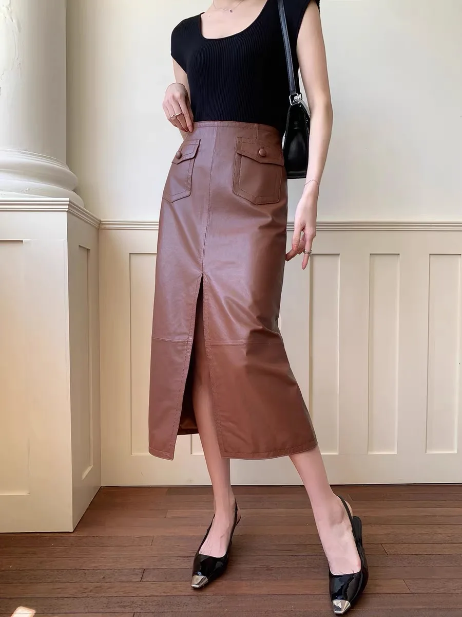 Spring Women Genuine Leather Long Skirt Sheepskin Pocket Wrap Mid Length Front Slit Mid Calf Long Skirts for Women Harajuku