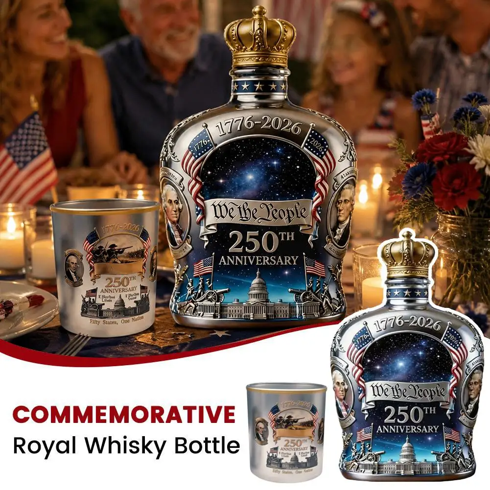 USA 250th Anniversary We The People Whiskey Bottle Vintage American Pattern Liquor Decanter Tumbler Kit Home Bar Table Decor Gif view 2