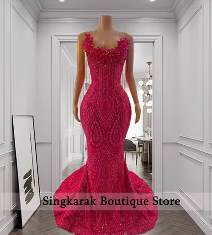Shiny Hot Pink Rhinestones Diamond Prom Dresses 2026 Customized Beading Evening Gowns Wedding Party Gala Dress