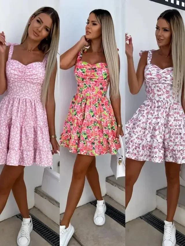 

2023 Summer Fashion Short Boho Dress Women Mini Floral Print Dress Female Sleeveless Hanging Belt Printed Waist Folded Dress