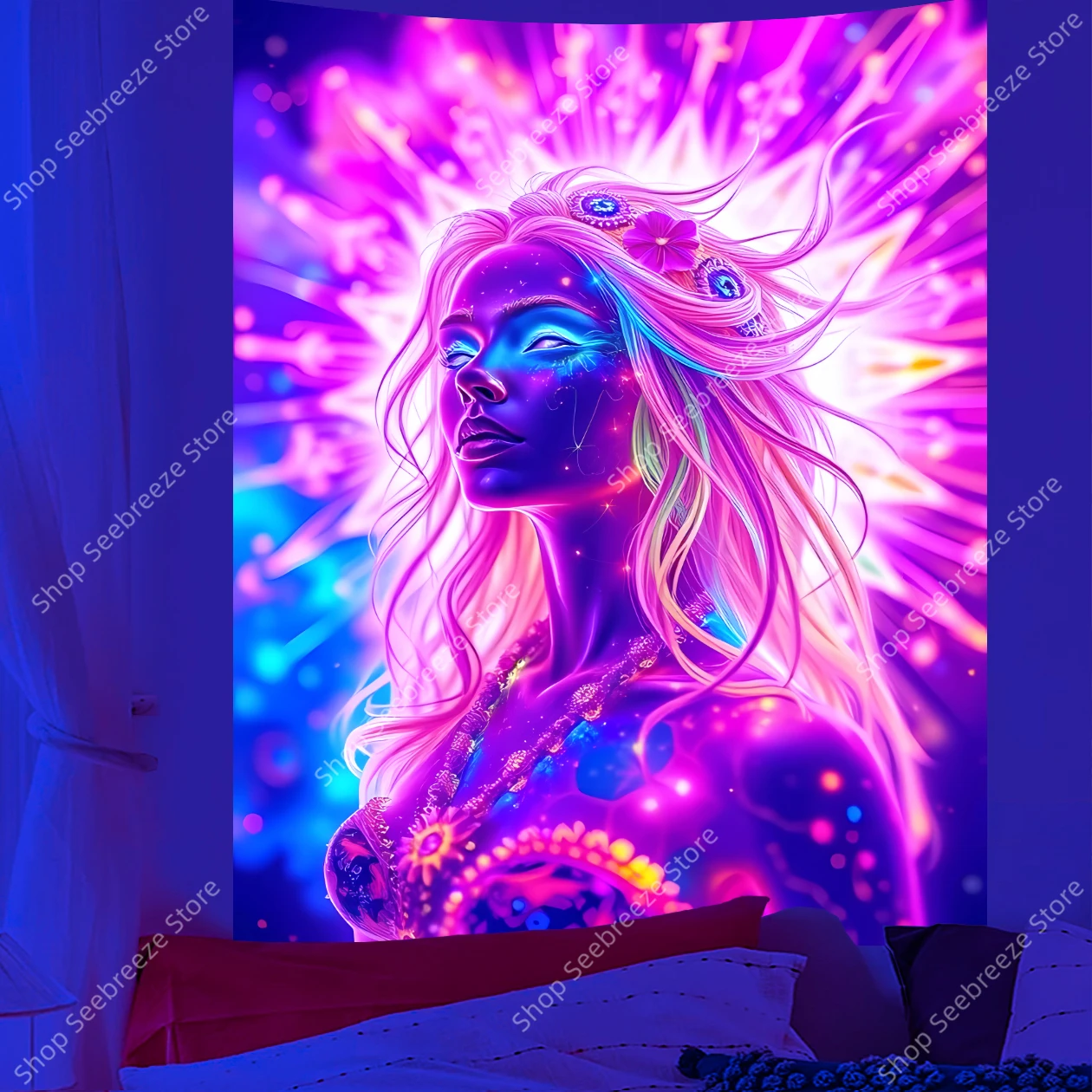 ​​Vibrant Mystic Female UV Tapestry Cosmic Dream Decor Flowing Hair Neon Glow Wall Art Living Room Bedroom​​ Dormitory Office