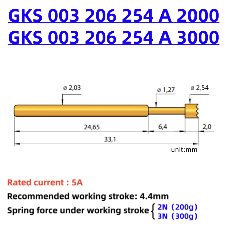 100 STKS Ingun Test Probe Test Pin GKS 003206254 A2000 A3000 2.0*33mm Klauwkop H Hoofd Naald Zitting Socket Buis KS-003 30G P125-H