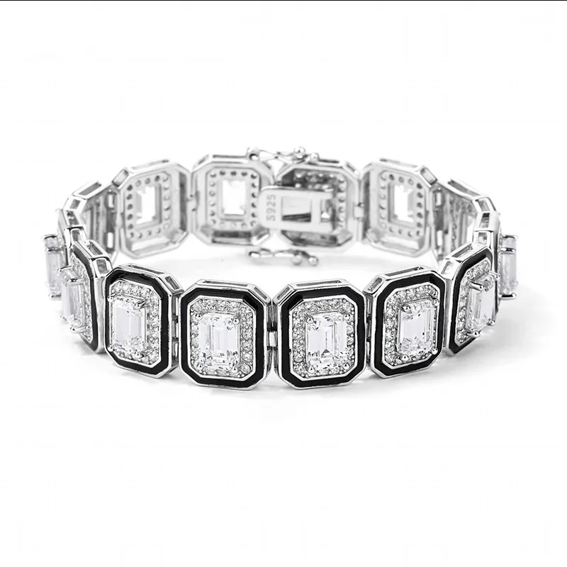 

S925 Silver Bracelet Full Diamond Inlaid with Emerald Cut Black Enamel Fashionable and Versatile Bracelet Jewelry