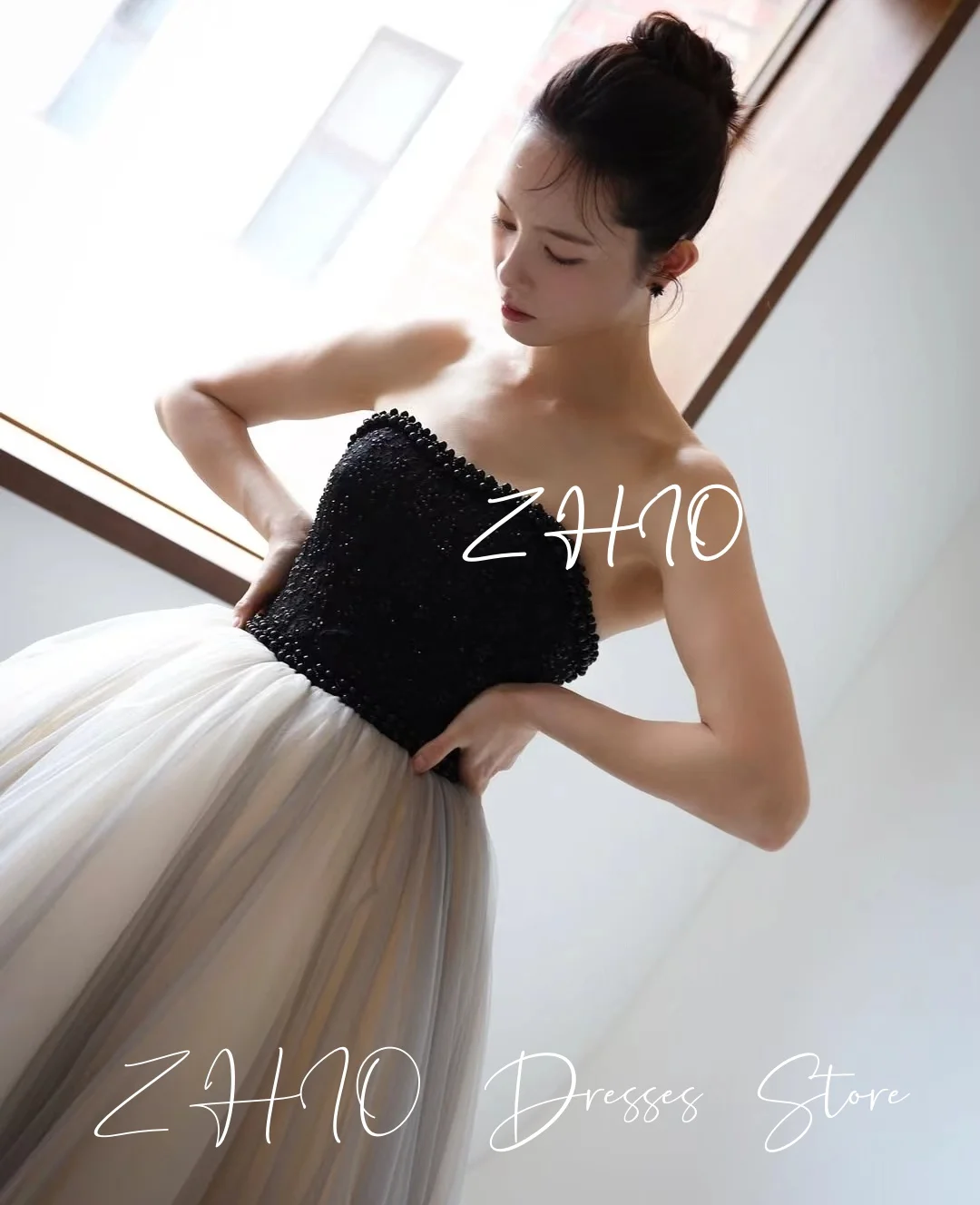 ZHIO الأميرة خرز زاهي الألوان فستان الزفاف بدون حمالات على شكل حرف a سويب تراين مشد تول كوريا تبادل لاطلاق النار فستان زفاف مخصص