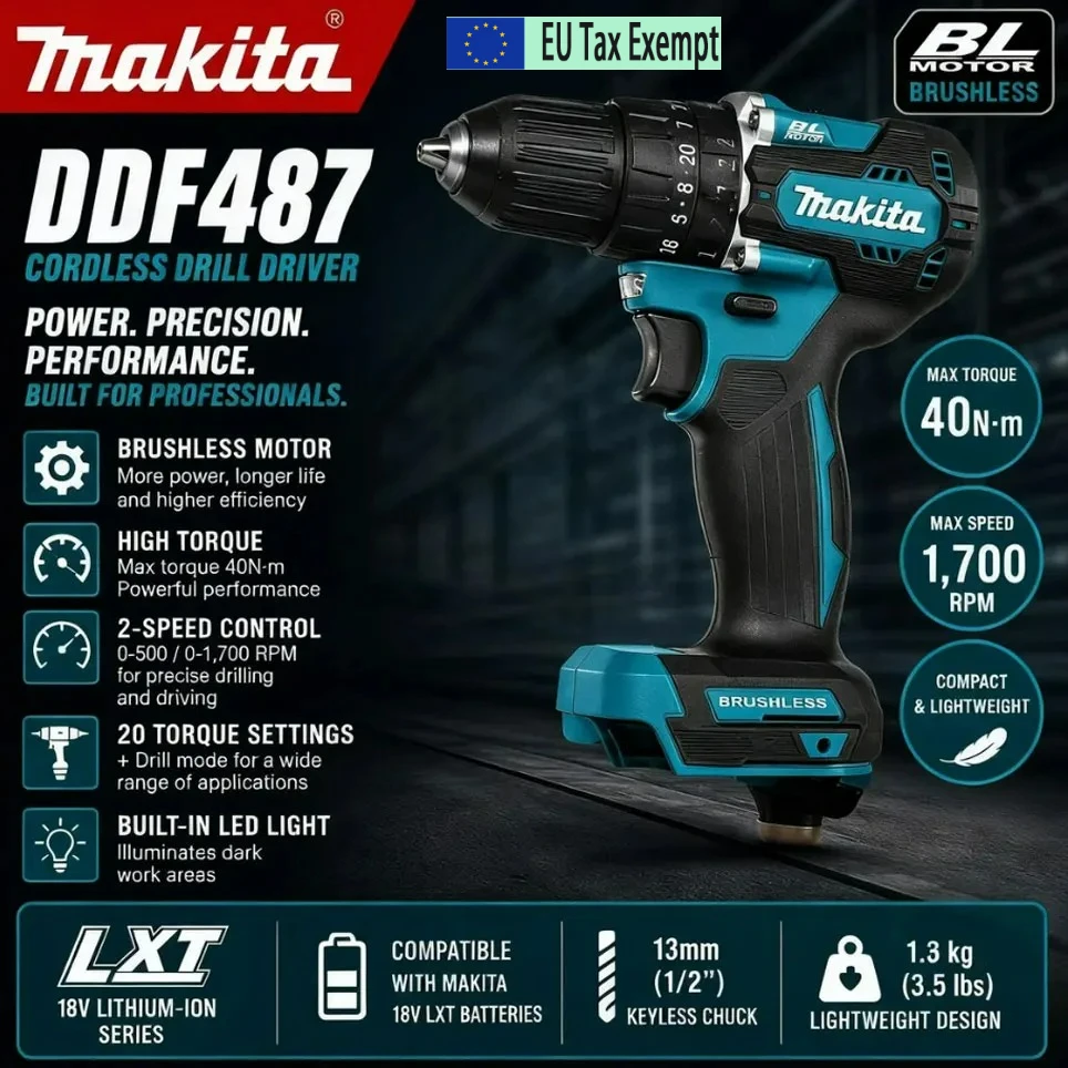 Image of Makita DDF487 18V Kabelloser Bürstenloser Akkuschrauber Schlagbohrmaschine Wiederaufladbares Elektrowerkzeug-Set für Autoreparatur ???? 100% Original 18V Makita 6Ah Makita Akku BL1840 BL1830B BL1850B