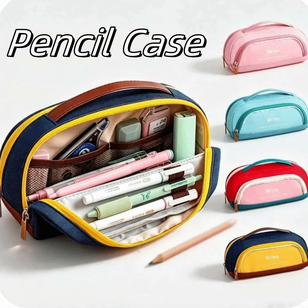 Contrasting Color Minimalist Pen Bag Large Capacity Zippered Pencil Case Oxford Cloth Space Saving Pencil Pouch School Supplies