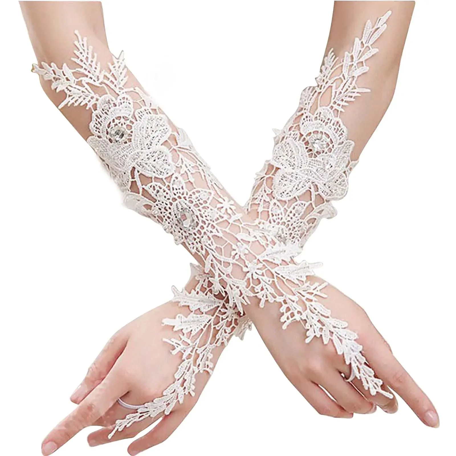 

Lace Crystal Women’s Wedding Fingerless Elbow Length Bridal Floral Ivory Long Gloves Wedding Accessory