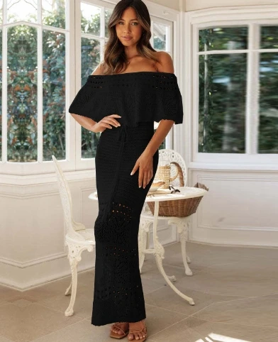 Elegant Women's Dress Summer Boho Long Tube Top Dress Short Sleeve Off Shoulder Knit Pattern Hollow Tie Up Hollow Shawl Dress