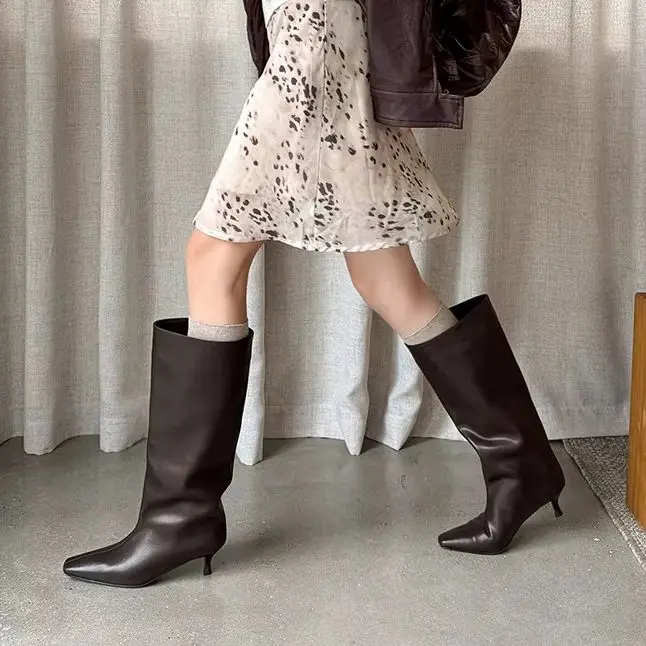 Women Slouchy Versatile Square Toe Knee High Boots Slim Stiletto Heel Slip‑On Fall Winter Fashion Office Dress Tall Boots F550