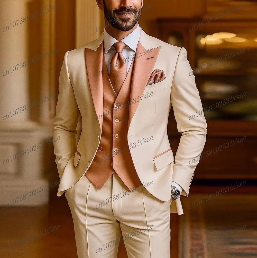 

New Ivory And Dark Pink Formal Business Men Suit Groom Groomsman Wedding Party Prom Male Tuxedos 3 Piece Set Blazer Vest Pants