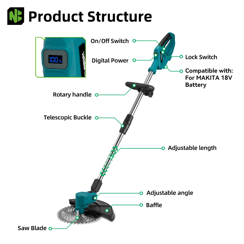 NEWBENY 9 Zoll bürstenloser elektrischer Rasenmäher mit Digitalanzeige, kabelloser Gartensträucher, Jäten, Werkzeuge für Makita 18 V Akku