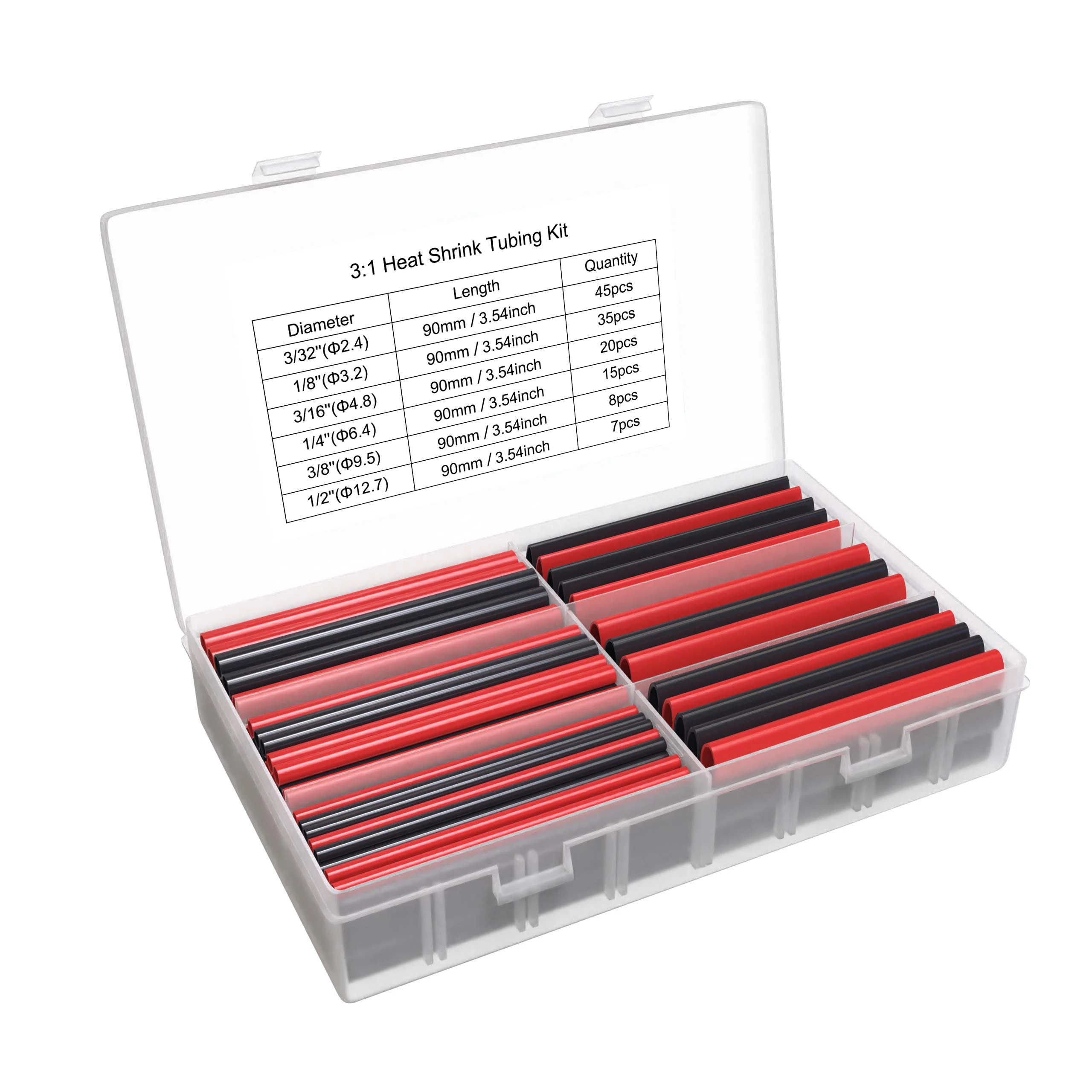 90mm/3,54 Zoll Schrumpfschlauch-Set 130 Stück, Verhältnis 3:1 Klebstoffbeschichtet, Doppelwandiger Schlauch - Marinequalität, 6 Durchmesser, Kabelummantelungen