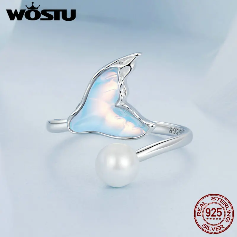 WOSTU 925 Sterling Silver Blue Fishtail Pearl Ring With Quality shell pearl For Women Girl Summer Beach Party Fine Jewelry