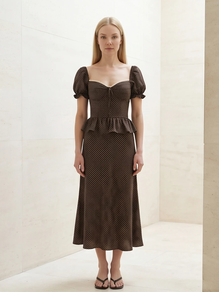 

Brown Polka Dot Two-piece Set Chic Sweetheart Neckline Puff Sleeve Peplum Top Midi Dresses 2026 Summer Lady Fashion Elegant Set
