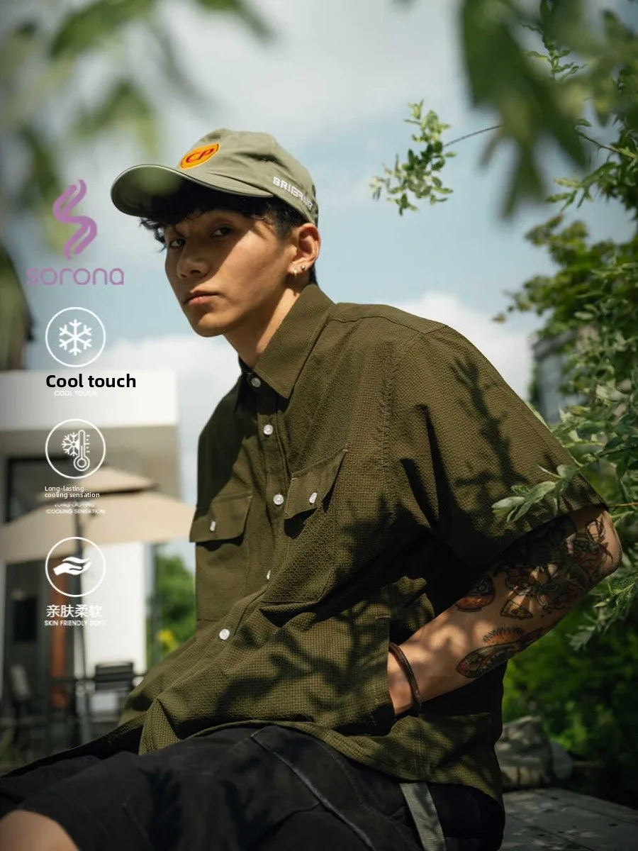 Loose Fit Men's Short Sleeve Shirt Sorona Bubble Fabric Five-Point Dry Fast Cooling Japanese Style Cityboy Casual Summer Shirt