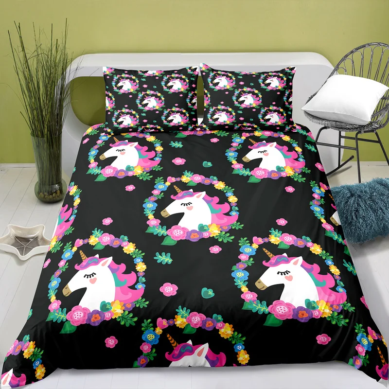 

3D Bedding Set Unicorn Printed Duvet Cover with Pillow Case BlackBedding Set Kawaii Housse De Couette Animal Cover Sets for Beds