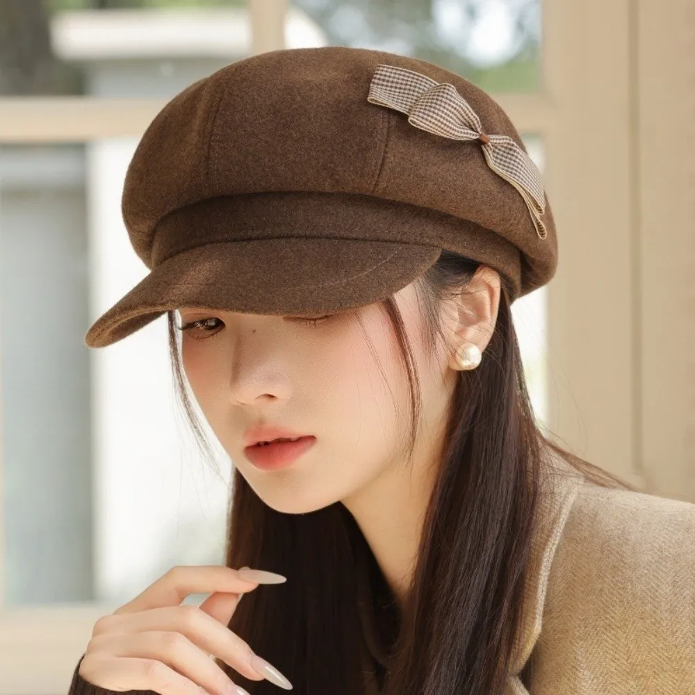 

Retro Wool Bow Beret Warm Solid Color Newsboy Hat Korean Style Big Head Circumference Painter Hat Girls