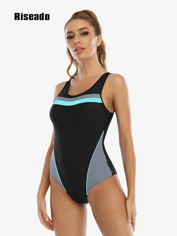 

Riseado Sports One Piece SwimsuitNew Patchwork Women's Bodysuit Racer Back Swimwear for Women Competitive Bathing Suit XXL