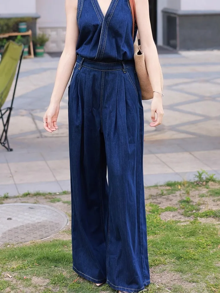 European Retro Workwear Denim Jumpsuit Women'S Summer New Design Sense Loose Casual Jumpsuit Wide Leg Pants