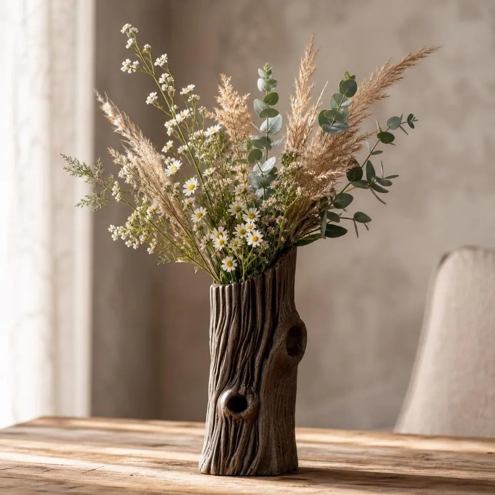 Tree Hole Shape Flower Vase 3D Printed Rustic Style Plant Pot Desktop Decor Artificial Driftwood Succulent Pot Home Decor