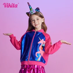 VIKITA Kids Autumn Winter Jackets Girls Unicorn Cartoon Sequined Appliqued Outerwear Kids Patchwork Zipper Jackets Kids Clothes