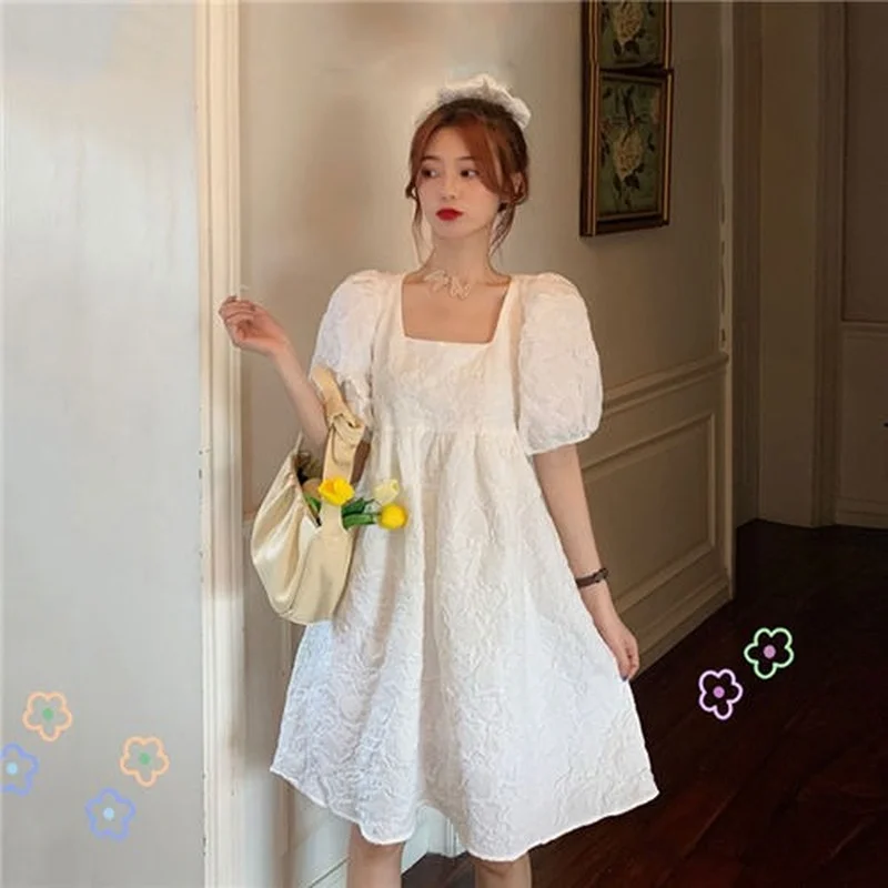 2022 New Sweet Puff Sleeve White Dress Women Korean Loose Square Neck Bow Dresses Female Summer