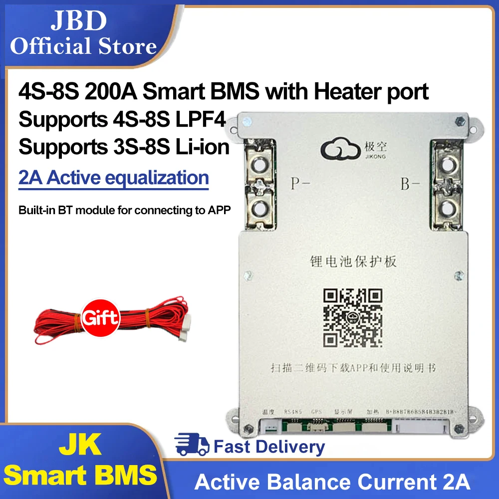 

JK Smart BMS 4S 5S 6S 7S 8S 200A Smart BMS 2A Active Balance Energy Transfer Built-in Bluetooth APP Support LCD 12V 24V 3S BMS