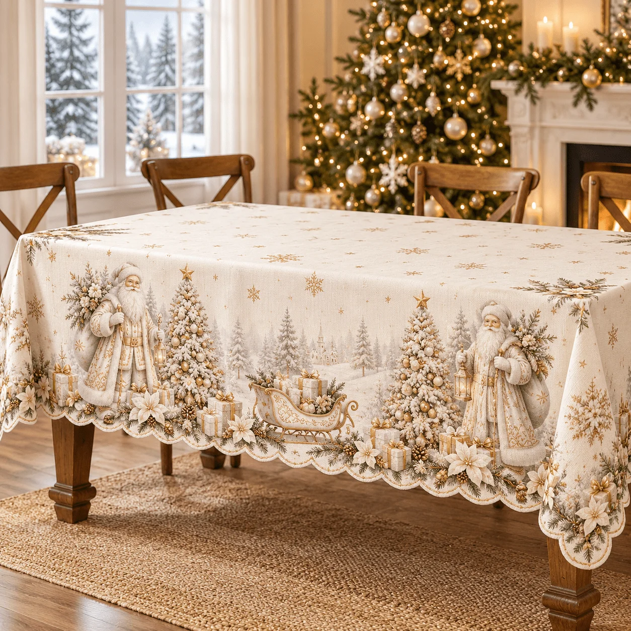 1 rectangular tablecloth, with a Christmas atmosphere! Polyester material, cream white with champagne gold print